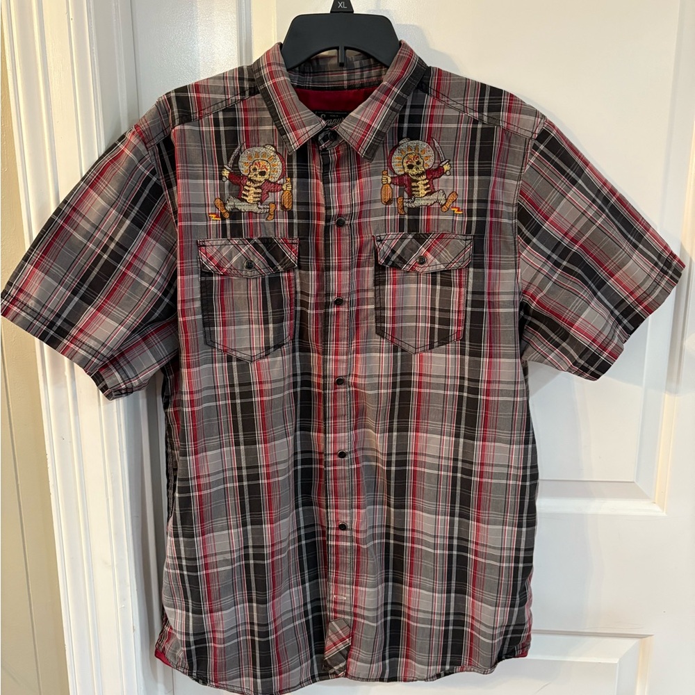 Men's Plaid Shirt with Embroidered Skeletons